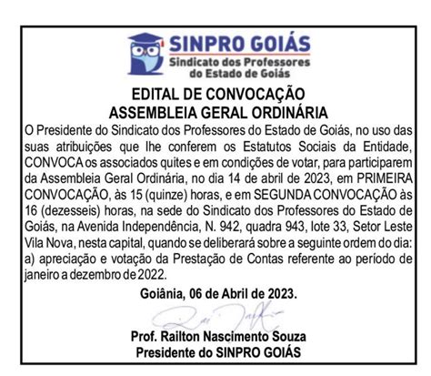 Edital De Assembleia Geral Ordin Ria Para Presta O De Contas Sinpro