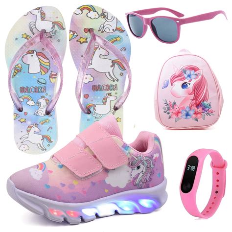 Tênis Infantil Feminino de Led Unicornio Menina Rosa Tira Colante