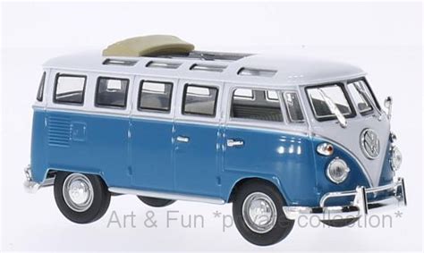 VW T1 Samba Bus Faltdach geöffnet blau weiss 1962 1 43 Modellauto