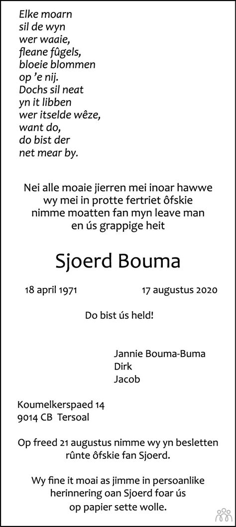 Sjoerd Bouma Overlijdensbericht En Condoleances Mensenlinq Nl