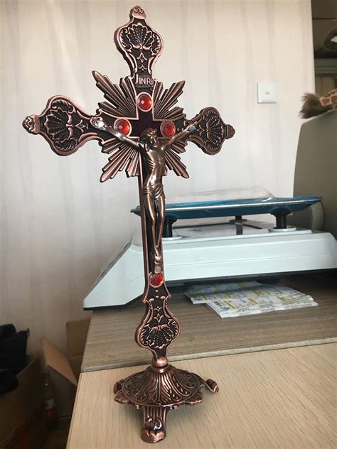 Antique Copper Standing Crucifix Inri Catholic Chapel Altar Religious