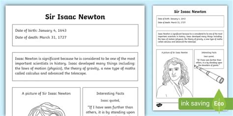 Sir Isaac Newton Significant Individual KS1 Fact Sheet Twinkl