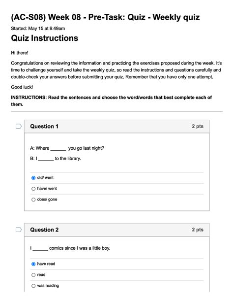 Quiz AC S08 Week 08 Pre Task Quiz Weekly Quiz Ingles IV Studocu