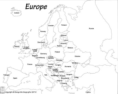 europe map with all the major cities in black and white, outlined on a