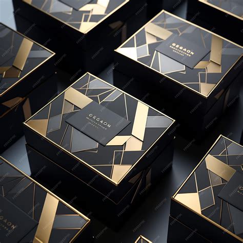 Premium Photo | A collection of black boxes with gold and silver on them.