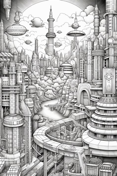 Premium Photo | A drawing of a futuristic city with a futuristic spaceship in the background ...