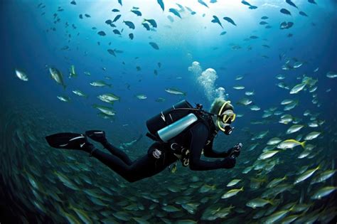 Premium Photo Scuba Diver Swimming Among Schools Of Fish Surrounded