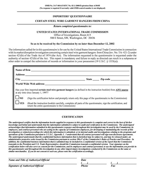 Fillable Online Usitc Return Completed Questionnaire To Usitc Fax