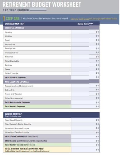 Detailed Retirement Budget Worksheet