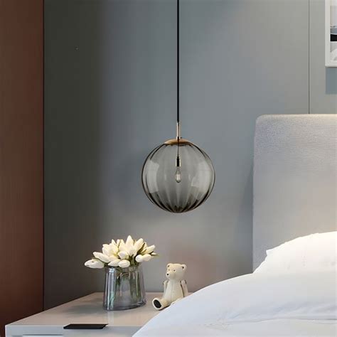 Globe Bedside Pendulum Light Smoke Grey Glass 1 Bulb Postmodern Ceiling Pendant Lamp In Black