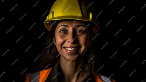 Premium Ai Image A Woman Wearing A Yellow Hard Hat Smiles As She Smiles