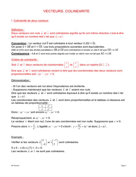 Vecteurs colinéarité