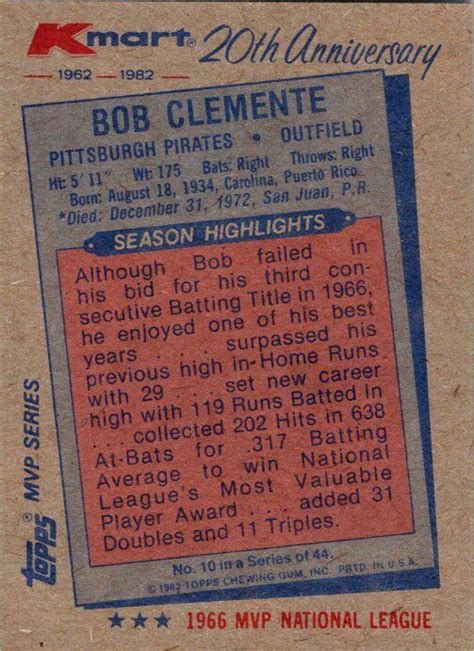 Topps Kmart Th Anniversary Bob Clemente Nearmint Mint Ebay