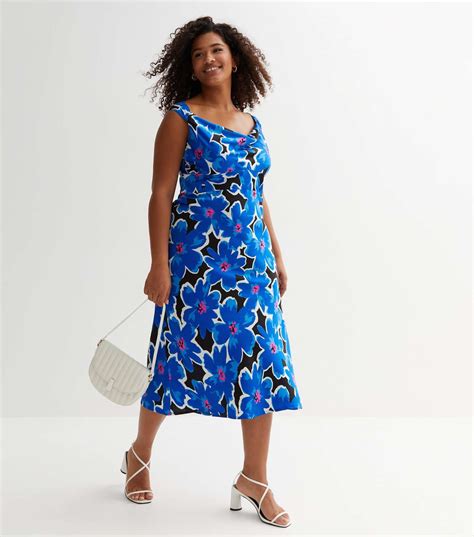 Curves Blue Floral Cowl Neck Midi Dress New Look