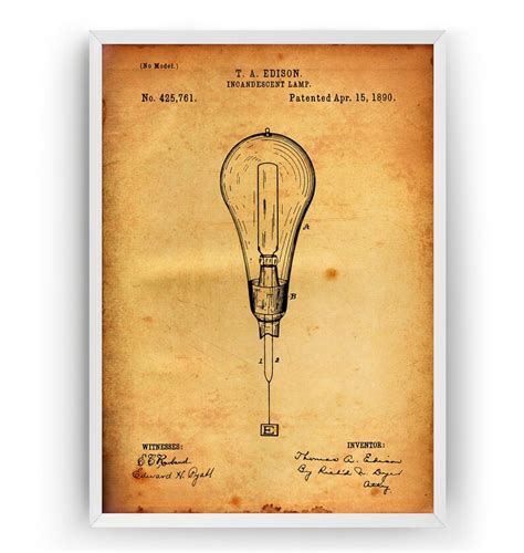 Thomas Edison Incandescent Light Bulb 1890 Patent Print Wall Etsy Uk