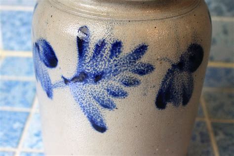 Antique Cobalt Blue Decorated Stoneware Crock Pava 1gal