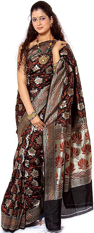 Black Jamdani Sari From Banaras With Woven Flowers And Creepers In Rust