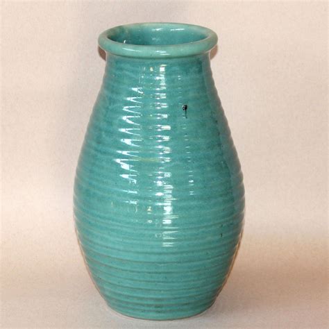 Large Vintage Zanesville Art Pottery Turquoise Green Ribbed Rib Ware