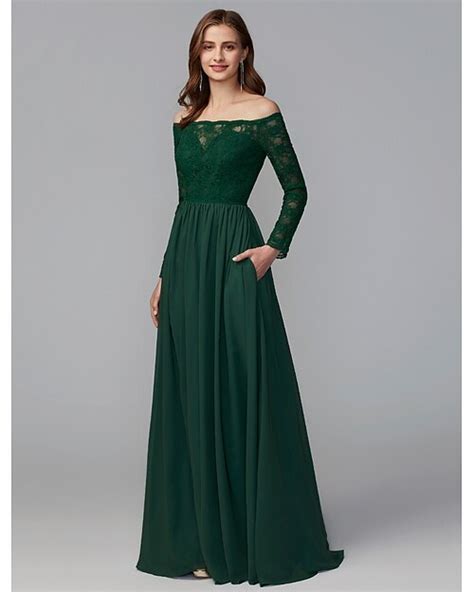 A Line Bridesmaid Dress Off Shoulder Long Sleeve Elegant Floor Length