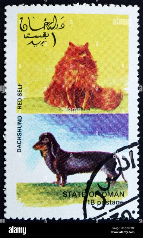 Oman Circa A Stamp Printed In The Oman Shows Red Self Cat And