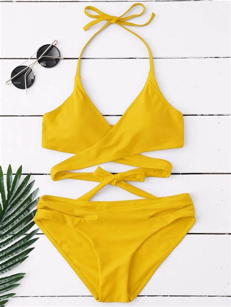 Zaful Sexy Swimsuit Padded Halter Wrap Bikini Set Bathing Suit