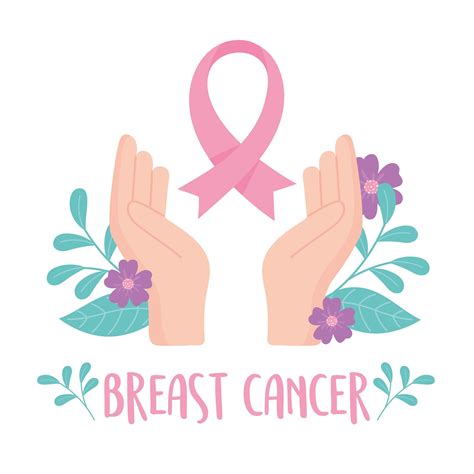 Breast Cancer Awareness Hands With Ribbon And Flowers Floral Vector Design Card 2681914 Vector