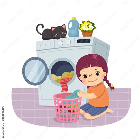 Vector illustration cartoon of a little girl doing the laundry. Kids ...