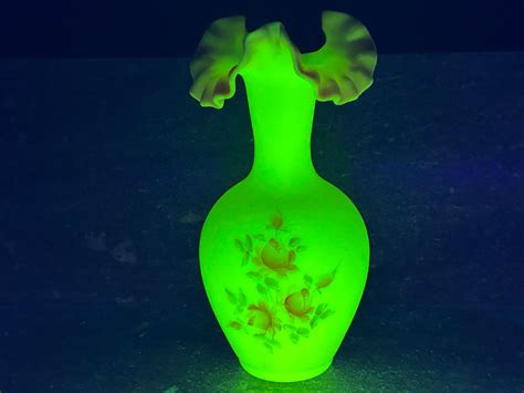 Vintage Fenton Burmese Ruffled Vase Uranium Custard Yellow Pink Glass Hand Painted Roses Artist