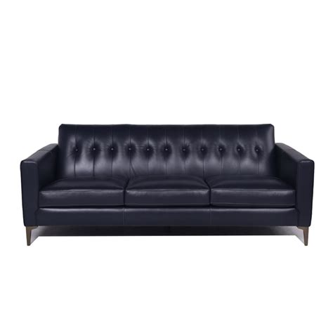 Maklaine 19 Mid Century Leather Upholstered Tight Back Sofa In Navy