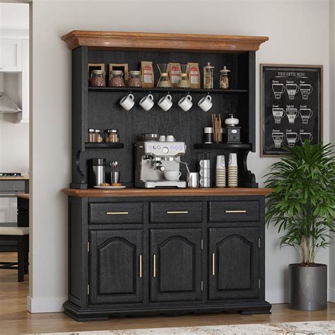 Loomis Tall Two Tone Rustic Kitchen Hutch With Cornice Top Coffee Bar