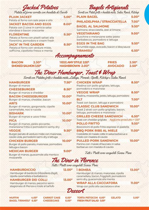 Menu at The Diner Firenze restaurant, Florence