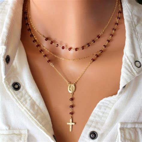 Gold Rosary Necklace For Women Miraculous Medal Catholic Etsy