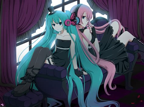 Aqua Eyes Aqua Hair Blue Eyes Dress Gothic Hat Hatsune Miku Headphones Megurine Luka Pink Hair