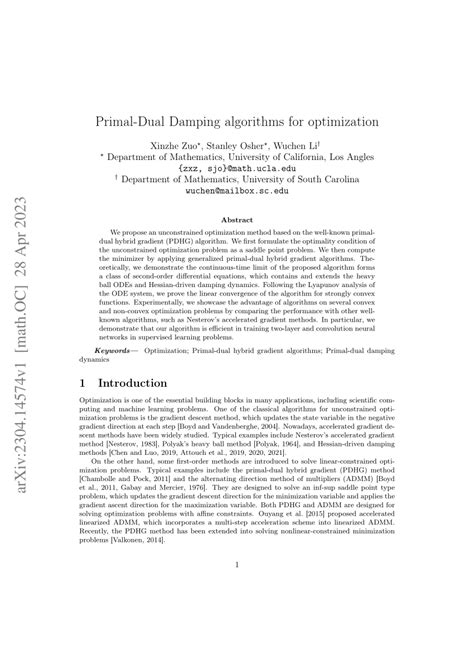 Pdf Primal Dual Damping Algorithms For Optimization