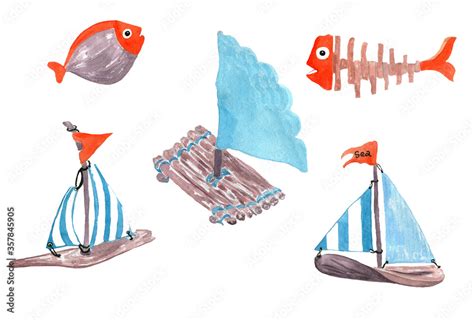 Watercolor Wooden Boats And Raft With Blue Sail Orange Fish And