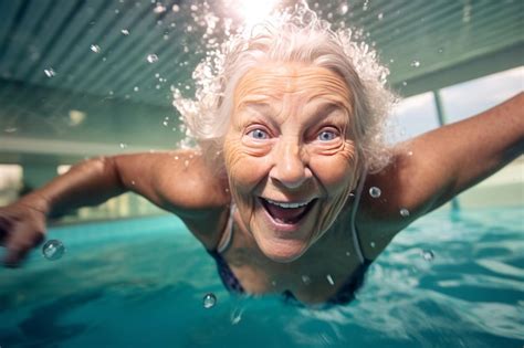 Mujer mayor sana nadando bajo el agua en una piscina pública Foto Premium