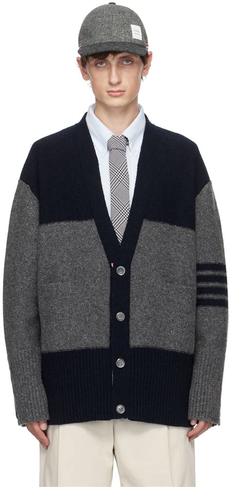 Thom Browne Gray Navy 4 Bar Cardigan SSENSE UK