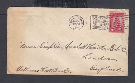 Usa 1913 2c Perrys Victory Centennial Cover Toledo Ohio To London