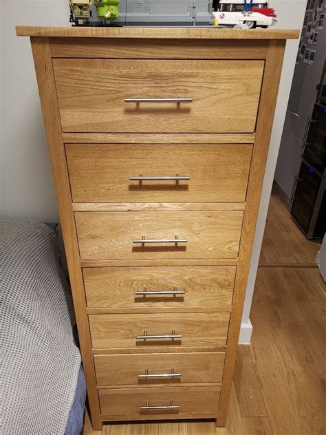 Solid Oak Narrow Tallboy Chest Perfect Condition Drawers In