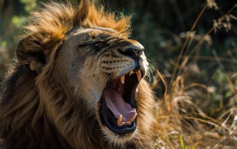 Premium Photo Lion Exhibiting A Majestic Yawn In The Midday Heat