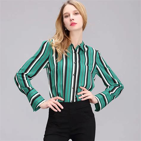 Autumn Women Green Elegant Office Shirt Vertical Striped Blouses