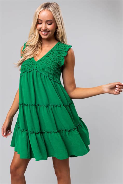 She Sky Jade Smocked Tiered Short Dress Lime Lush Boutique