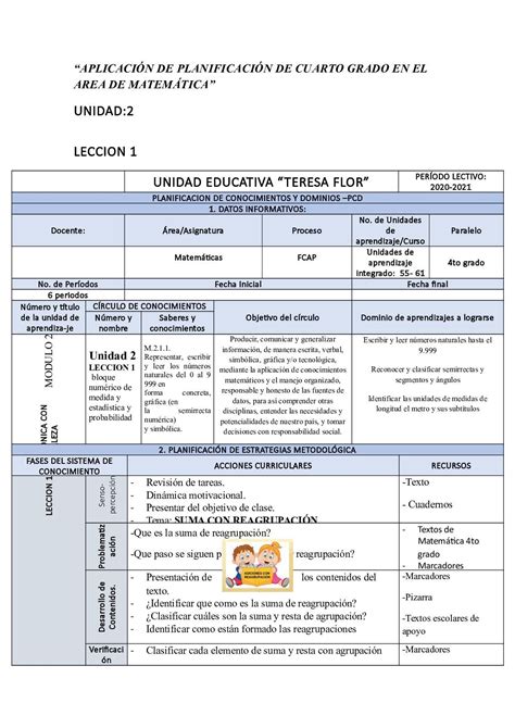 APLICACIÓN DE PLANIFICACIÓN DE CUARTO GRADO EN EL AREA DE MATEMÁTICA