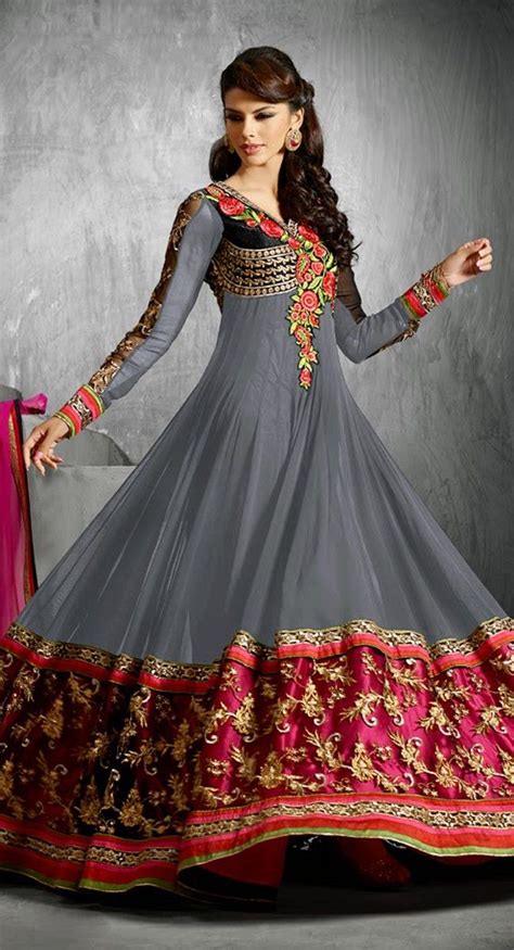 Gray And Pink Color Long Length Anarkali Georgette Salwar Kameez