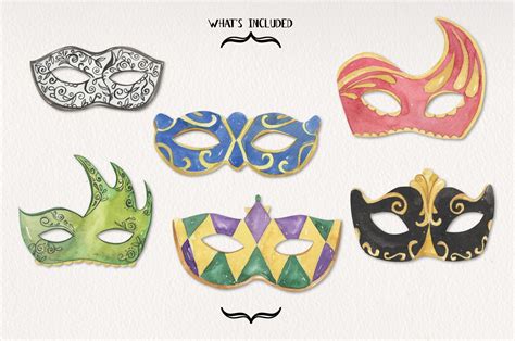 Masquerade Watercolor 6 Elements Masks Patterned