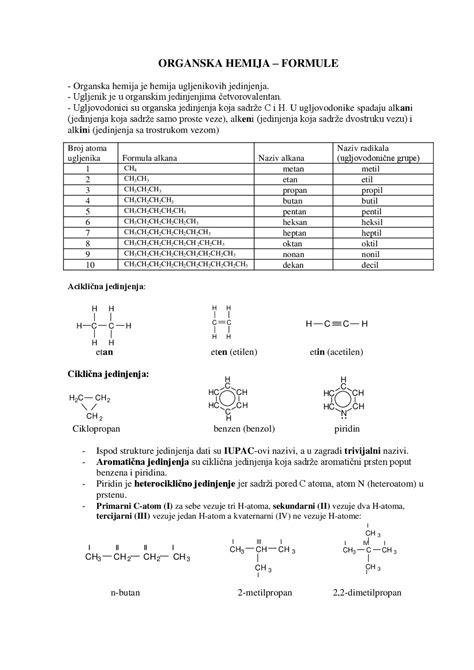 Organska Hemija Formule Beleške Predlog Hemija Docsity