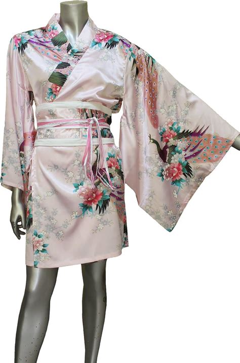 Short Yukata Kimono Womens Satin Silk Robe Gown Dress S To L Pale