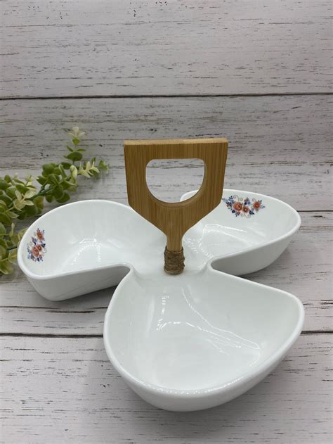 3 Compartment White Ceramic Serving Bowl With Wood Handle Etsy