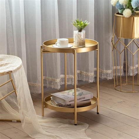 Sankell Gold End Table Tier Round Metal Side Table Removable Tray