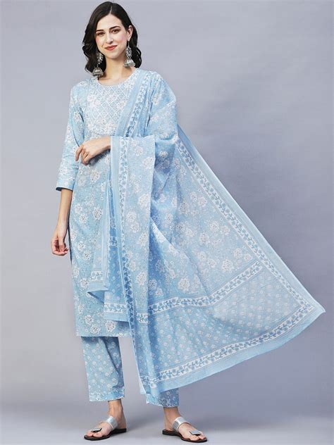 Buy KALINI Floral Printed Thread Work Pure Cotton Kurta With Trousers